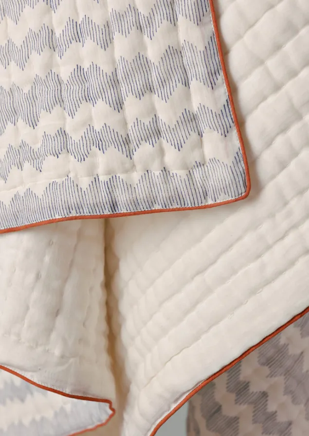Textiles | Blankets & Throws-TOAST Zig Zag Block Print Cotton Quilt OffWhite/Midnight